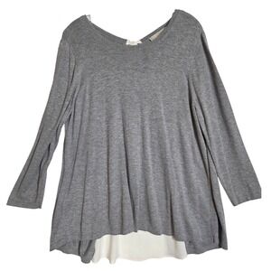 LOFT Layered Knit Sweater Top Women XL Gray Split Sheer Back Bow Silk Blend